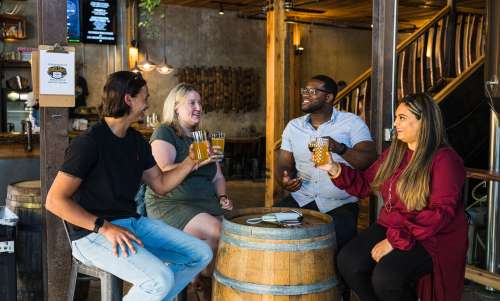 Young adults drinking beer at a brewery