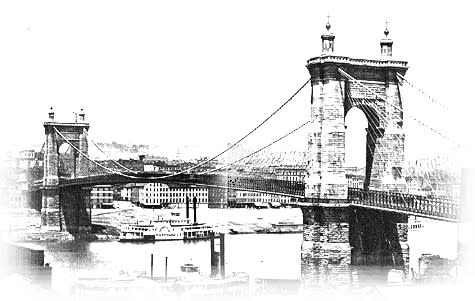 This is a black and white image of the John A. Roebling Bridge in 1866.