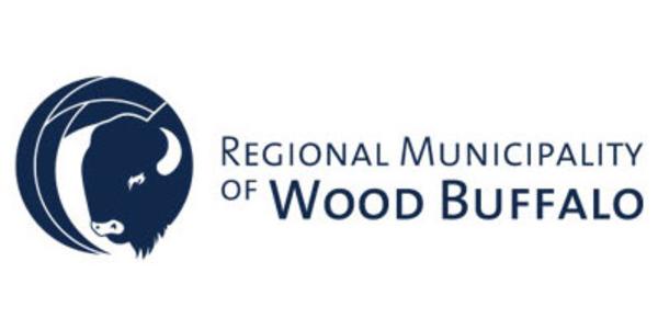 A navy blue logo reads "Regional Municipality of Wood Buffalo" next to a logo of a buffalo stylized in a circle.