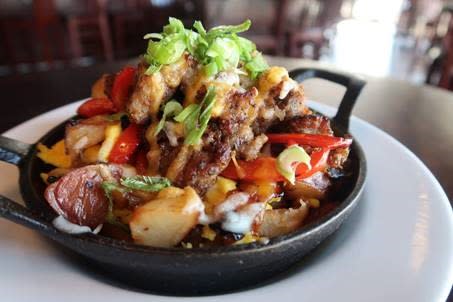 Breakfast skillet with potatoes, meat, cheese and peppers from Jacob & Anthony's in Saratoga
