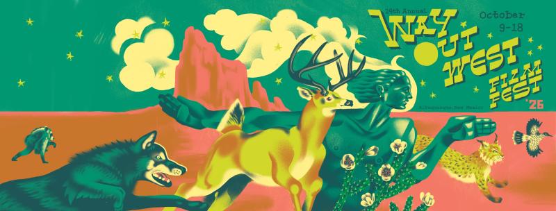 A graphic with colorful animals running in the desert advertising the Way OUT West Film Fest.