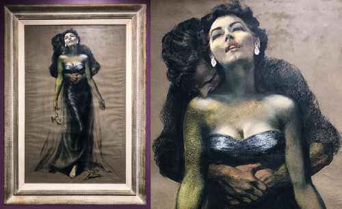 Image of framed artwork used on Barefoot Contessa film poster and a close up of the drawing which depicts Ava's character holding a pair of shoes in one hand and being embraced by a male figure from behind.