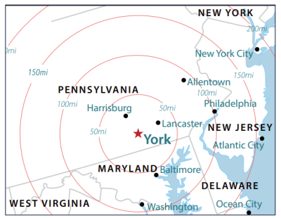 map of York with distances used in TG