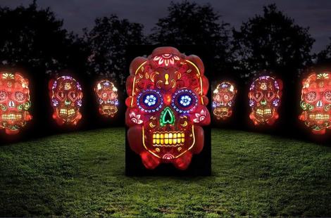 Light up decorative skulls created from carved pumpkins on green grass