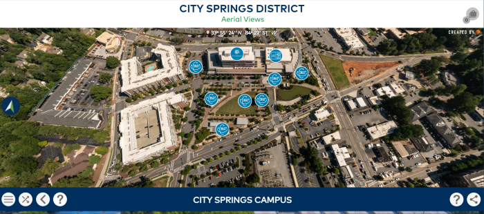 Aerial View of the City Springs Campus for the 360 Virtual Tour.