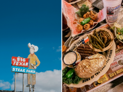 collage of an exterior shot of the big texan and a plate of food with steak and sides