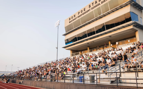 Fans in a stadium cheering on a soccer game
