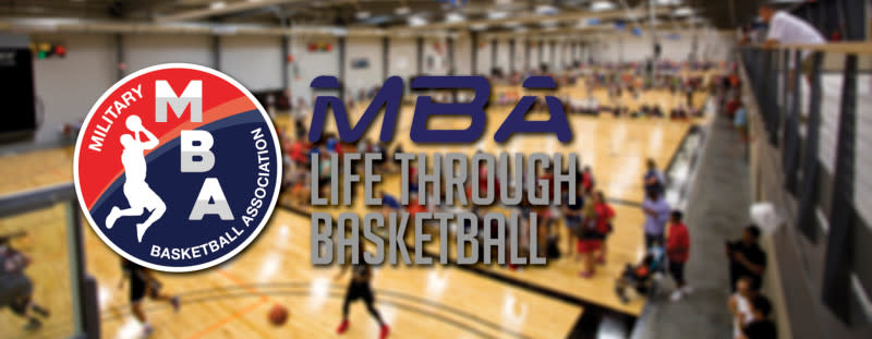 The Military Basketball Association logo is placed over a blurred picture of courts at Wichita Hoops