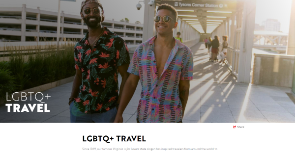 A screenshot of the Virginia Tourism Corporation's LGBTQ+ Travel webpage