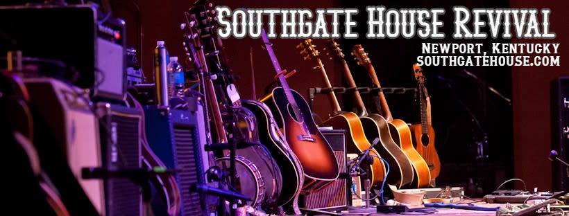 Image is of a stage with guitars and speakers with the wording "Southgate House Revival, Newport, Kentucky, Southgaterevival.com".