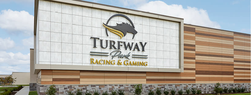 Image of the outside facade with a horse image and the words "Turfway Park Racing & Gaming".
