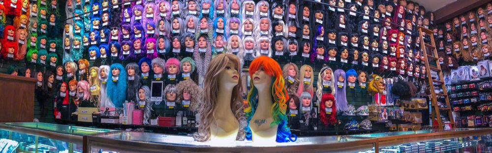 wigs in a costume shop