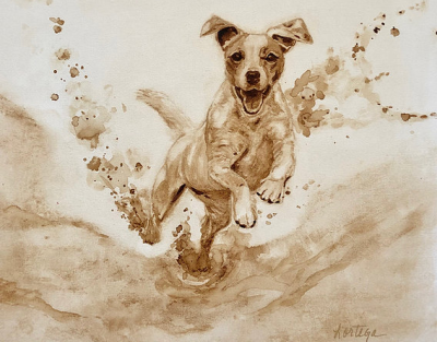 Coffee painting of a jack Russell terrier by Leslee Ortega