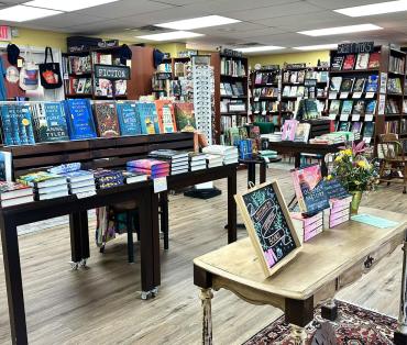 Display of books, bags, puzzles, and other goodies at Copperfish Books in downtown Punta Gorda, Florida.