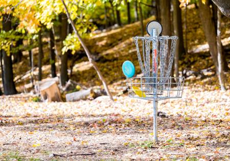 Several discs resting in a disc golf basket on a fall day.