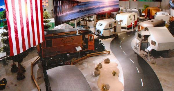 Assorted campers and RVs line a street scene inside the RV/MH Hall of Fame and Museum in Elkhart, Indiana.