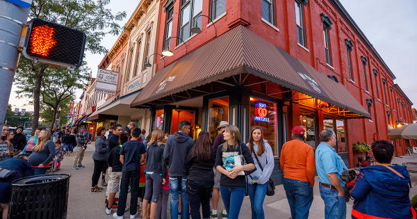 People walking around during an event in downtown Goshen, Indiana