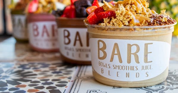 Row of four labeled Bare Blends smoothie bowls
