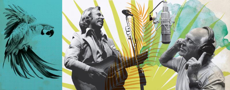 Black and white photos of Jimmy Buffett playing guitar and singing into a microphone on a background of multicolored tropical leaves. Also a parrot on a blue background.