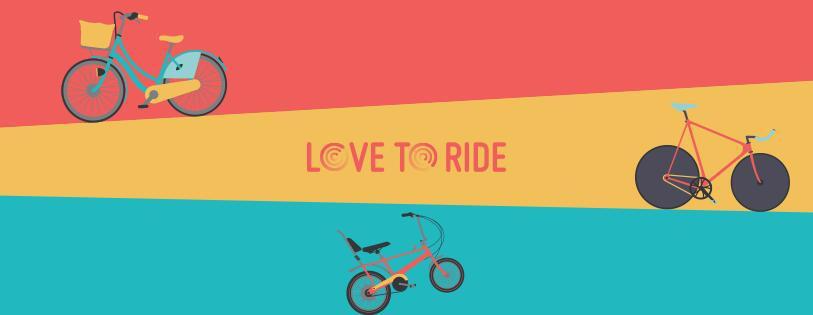 Love to Ride with red yellow and blue stripe with three cartoon drawings of bikes