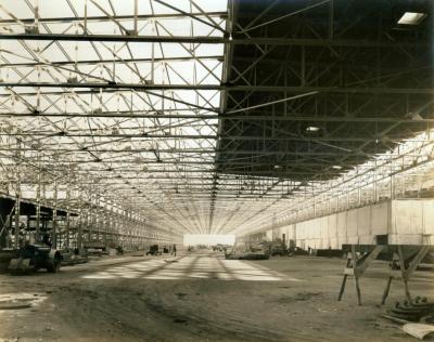 A wide photo of the Willow Run Bomber Plant interior.