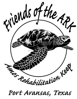 Black logo on a white background. There's a turtle illustration in the middle circle. Over the circle it reads, "Friends of the ARK." Under, it reads "Amos Rehabilitation Keep" and "Port Aransas, Texas"