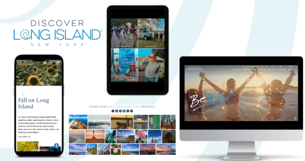 Discover Long Island's website visible on screens across a tablet, laptop, and cell phone.