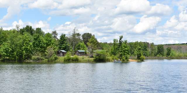 View of the lake with trees on the bank of Deam Lake during the summer