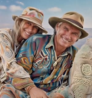 A couple hugging each other both with hats on, leaning against a sand sculpture
