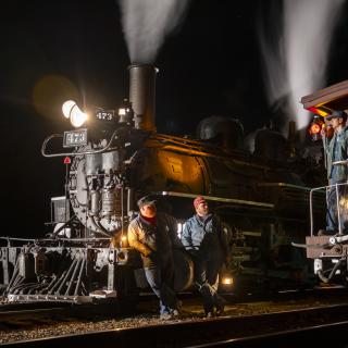 Durango and Silverton Narrow Gauge Railroad Train at Night during Fall