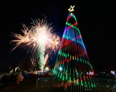 Beautifully illuminated holiday light displays at Evans Towne Center Park, featuring twinkling trees and festive scenes.