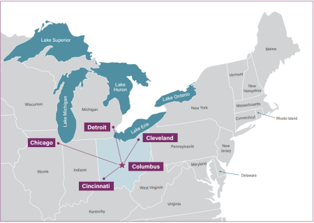 Map of Northeast Ohio highlight Columbus, Cleveland, Cincinnati, Detroit and Chicago