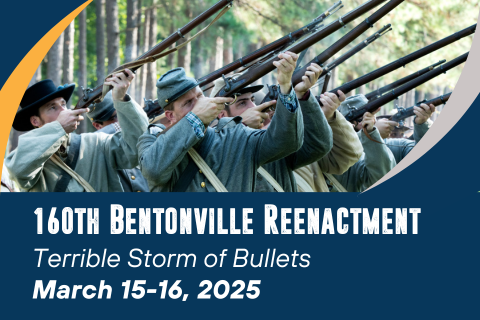 Banner ad to promote the 160th Bentonville Reenactment, with soldiers firing guns.