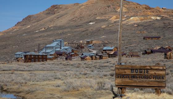 Bodie State Historic Park sign, town, and stamp mill