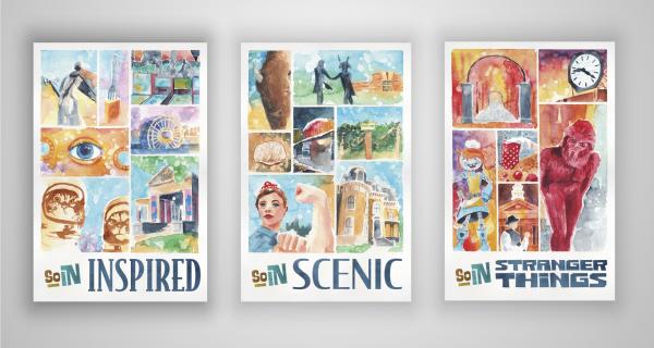 Posters for the Inspired SoIN, Scenic SoIN, and Stranger Things of SoIN digital passports, designed by local artist Adam Kleinert.