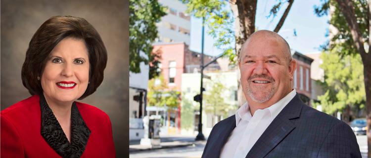 Butch Lawtner poses on main street and beside a profile photo of Loretta Byrd