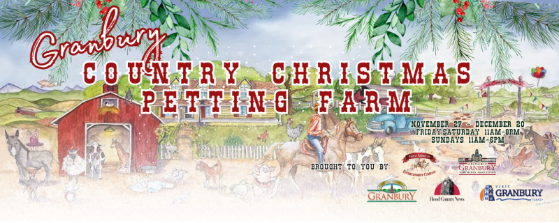 Image outlining dates for Granbury Country Christmas Petting Farm: November 27-December 20Friday|Saturday 11am-8pmSundays 11am-6pm