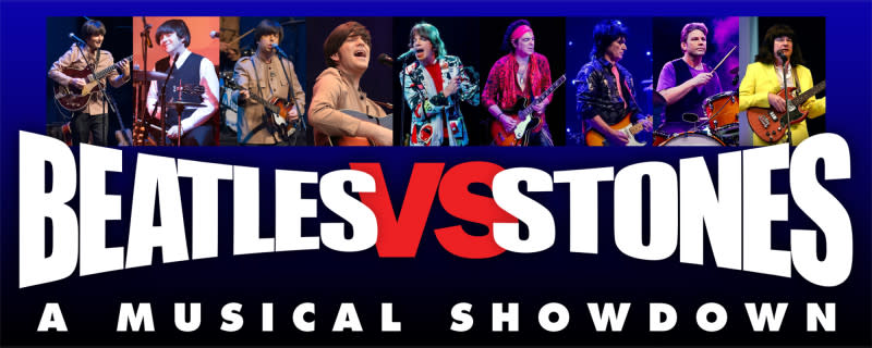 Musicians dressed as members of the Beatles and Rolling Stones perform