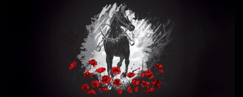 An image features a black horse with red flowers