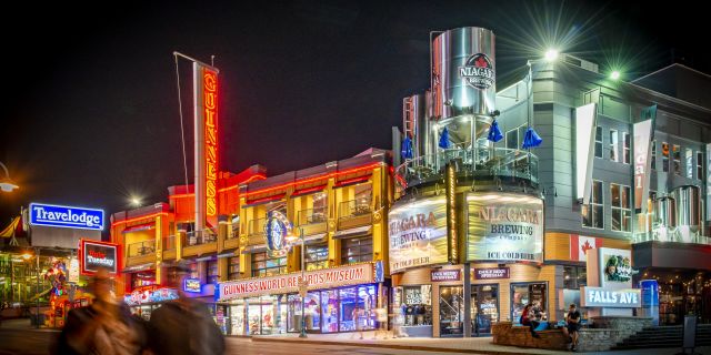 The bars, museums and shops of Niagara's Clifton Hill at night