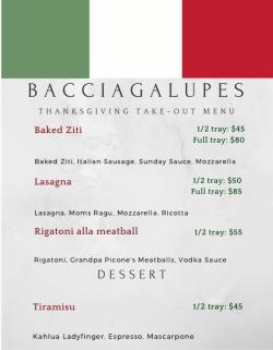 Bacciagalupes Thanksgiving menu
