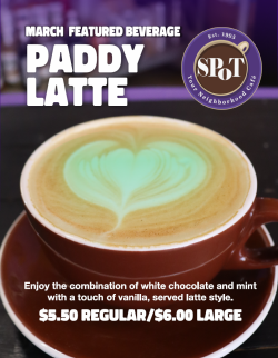 latte with green heart on promotional flyer