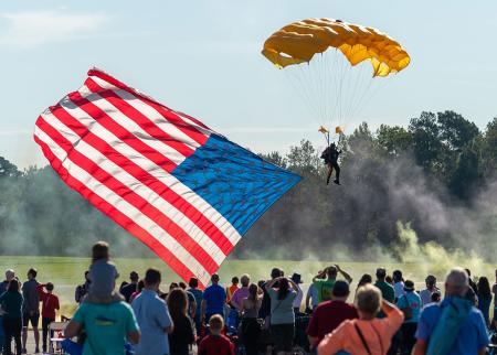 Skyfest air show with parachute jumpers held in Smithfield, NC.