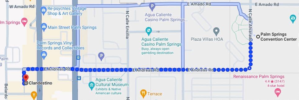 A map showing a route with a dotted blue line along E Andreas Rd in Palm Springs, with markers for local businesses and attractions such as Agua Caliente Casino, Main Street Palm Springs, and the Palm Springs Convention Center.
