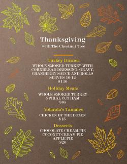 menu of thanksgiving offerings from the chestnut tree