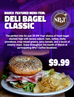 bagel sandwich and chips on promo flyer