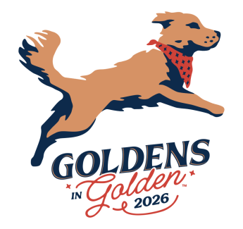 Logo by Nathan Ripley showing a golden retriever wearing a red bandana jumping over the words, Goldens in Golden 2026