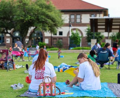 Two people sit on a picnic blanket in a grassy park, surrounded by others enjoying leisure activities. A historic building is visible in the background.