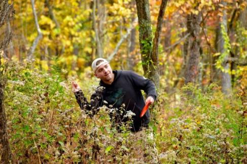 disc golfer on the disc golf course at Agape Farm near Shirleysburg, PA