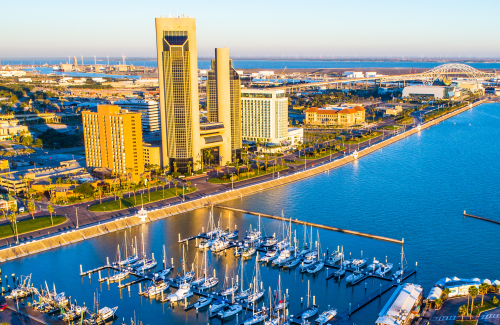 An aerial view of downtown Corpus Christi.